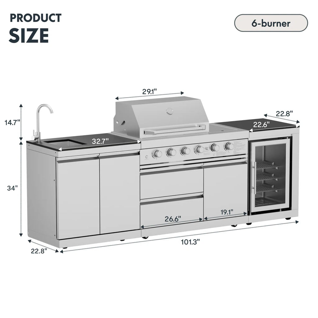 Akoah 3-Piece 6-Burner Stainless Steel Modular Outdoor Kitchen Island with Grill, Refrigerator & Sink