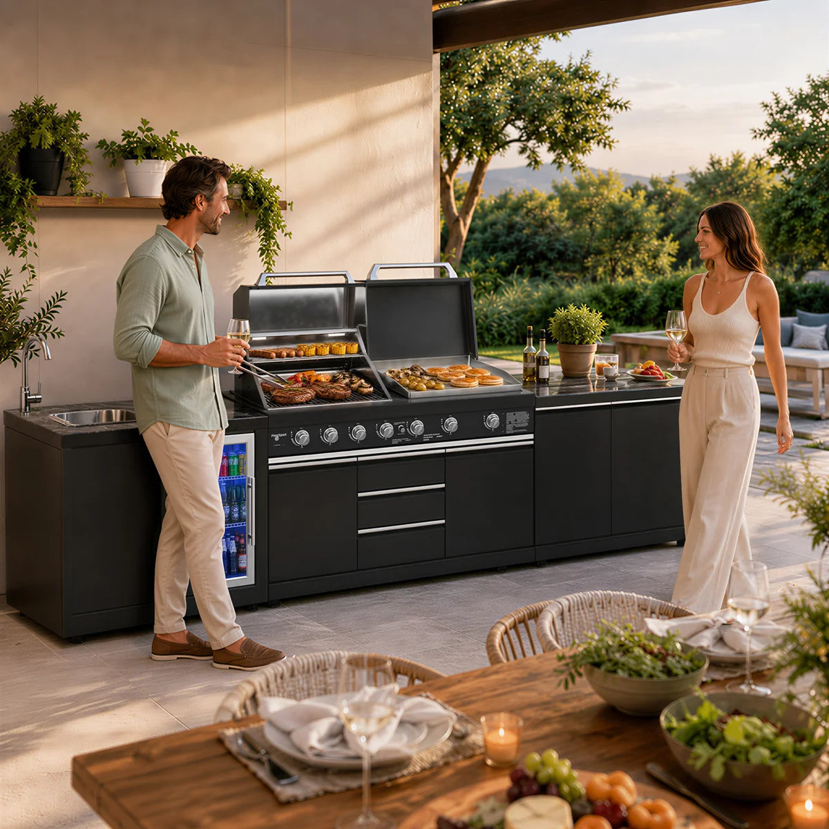 Akoah 4-piece Modular Outdoor Kitchen Island Set with Grill, Refrigerator, Sink, Side Griddle, Dual Side Burners and Charcoal Tray