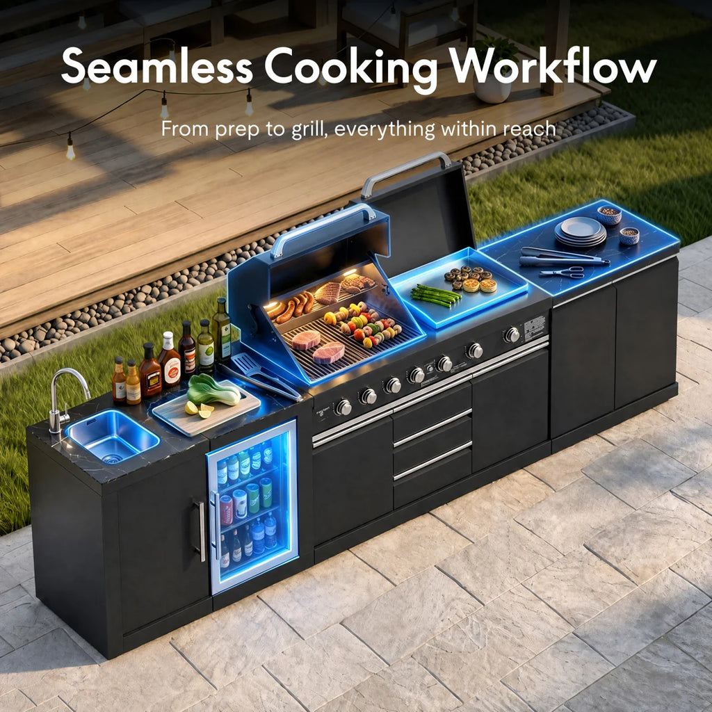 Akoah 4-piece Modular Outdoor Kitchen Island Set with Grill, Refrigerator, Sink, Side Griddle, Dual Side Burners and Charcoal Tray