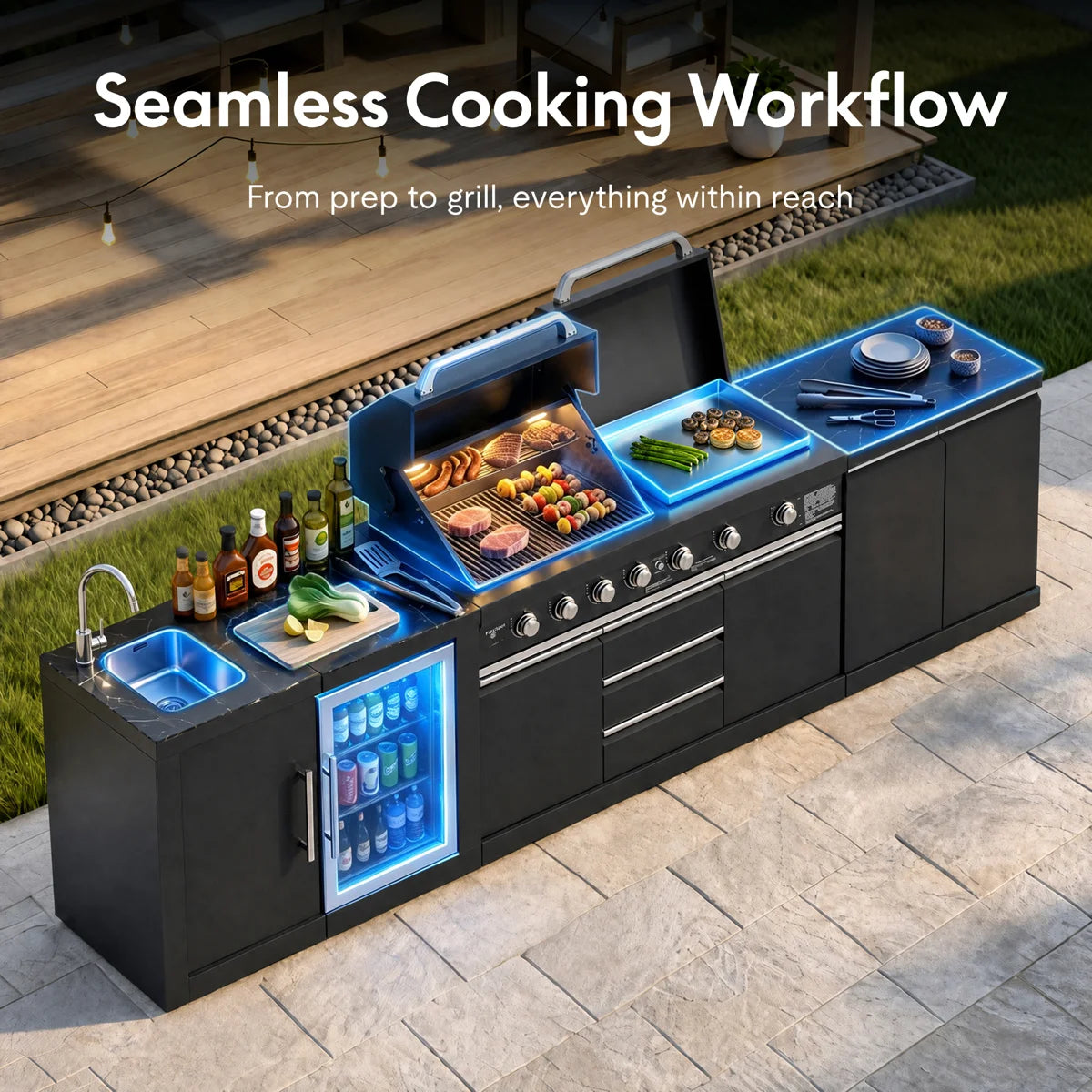Akoah 4-piece Modular Outdoor Kitchen Island Set with Grill, Refrigerator, Sink, Side Griddle, Dual Side Burners and Charcoal Tray