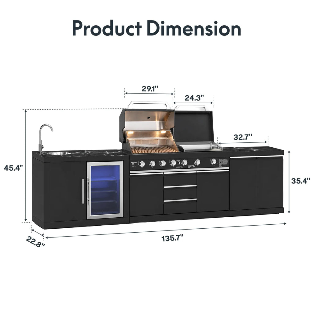 Akoah 4-piece Modular Outdoor Kitchen Island Set with Grill, Refrigerator, Sink, Side Griddle, Dual Side Burners and Charcoal Tray