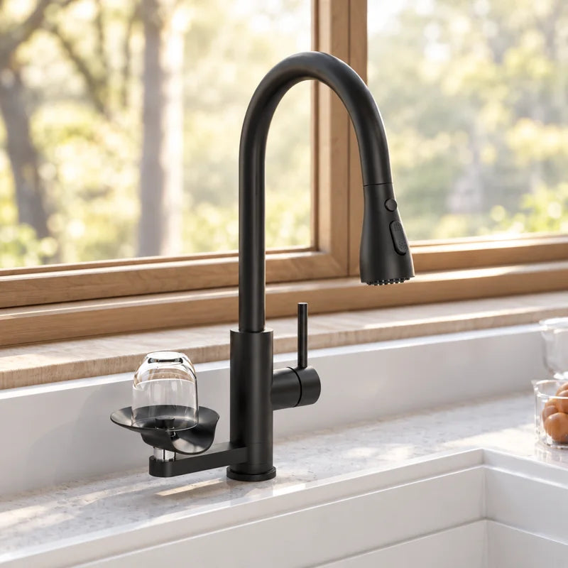 Pull-Down Kitchen Faucet with Integrated Glass Rinser, Single Handle Stainless Steel Faucet