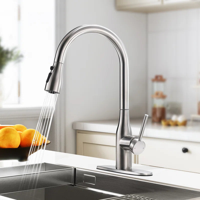 Single-Handle Pull-Down Kitchen Faucet with Deck Plate, 3-Function Spray Head